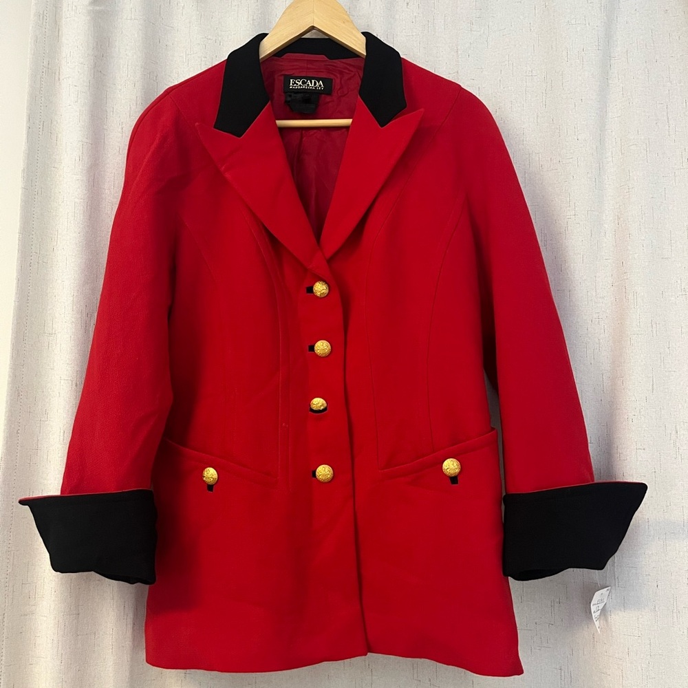 Escada Red Blazer with Black Trim and Gold Buttons - Picture 4 of 10